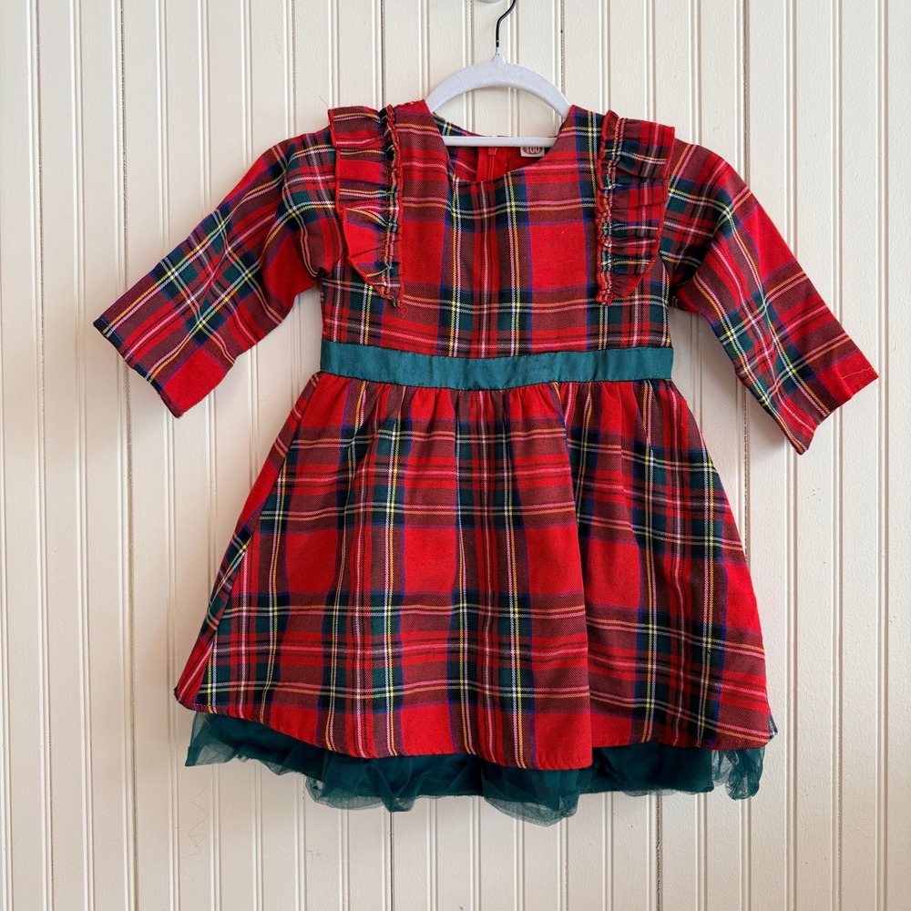 Girls Red Tartan Plaid Dress Long‎ Sleeve Green Bow Tulle Size 100 3T 4T
